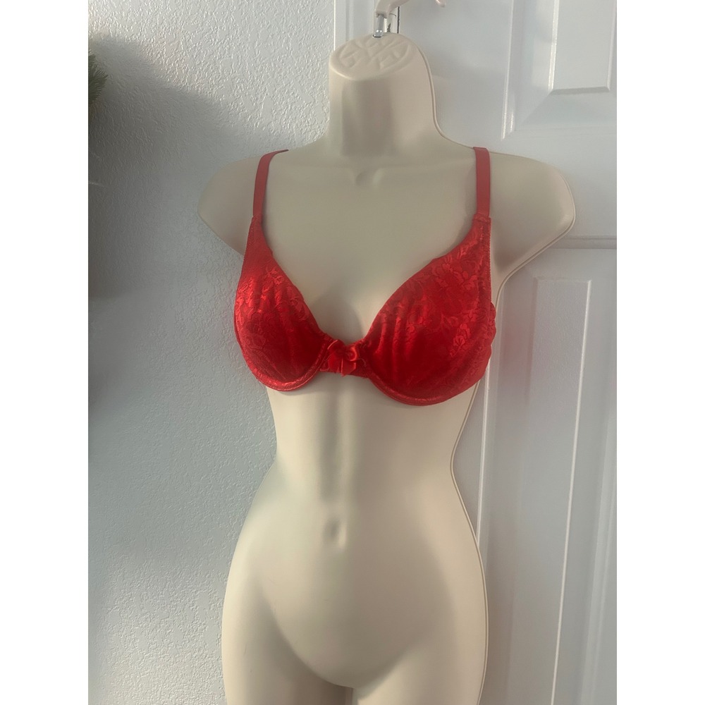 Victorias Secret Red Floral Lace Underwire Bra 36B Unlined Bow Detail